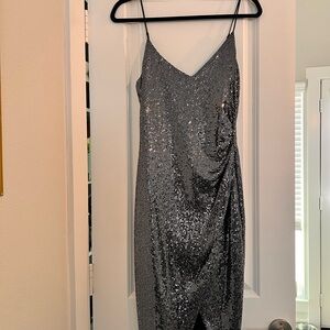 Black Halo Silver Sequin Backless Dress